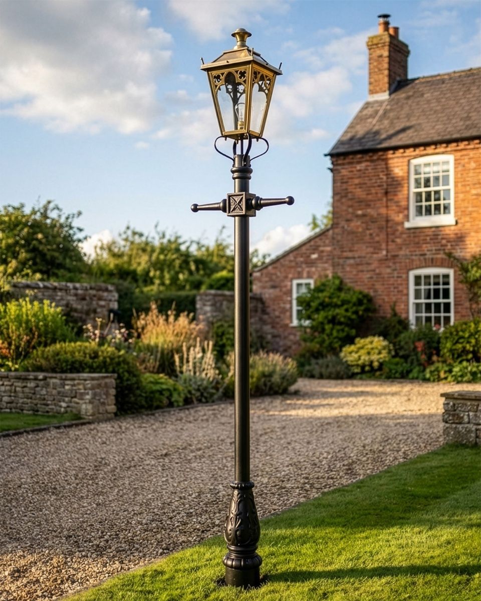 Antique Brass Gothic Lamp Post & Lantern Set 2 digital illustration