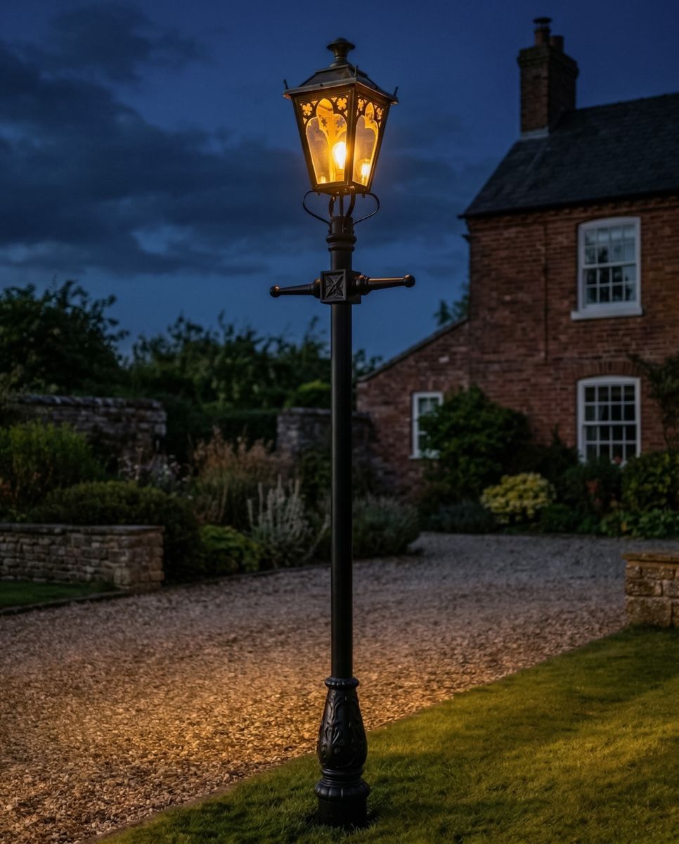 Antique Brass Gothic Lamp Post & Lantern Set 2 digital illustration at night