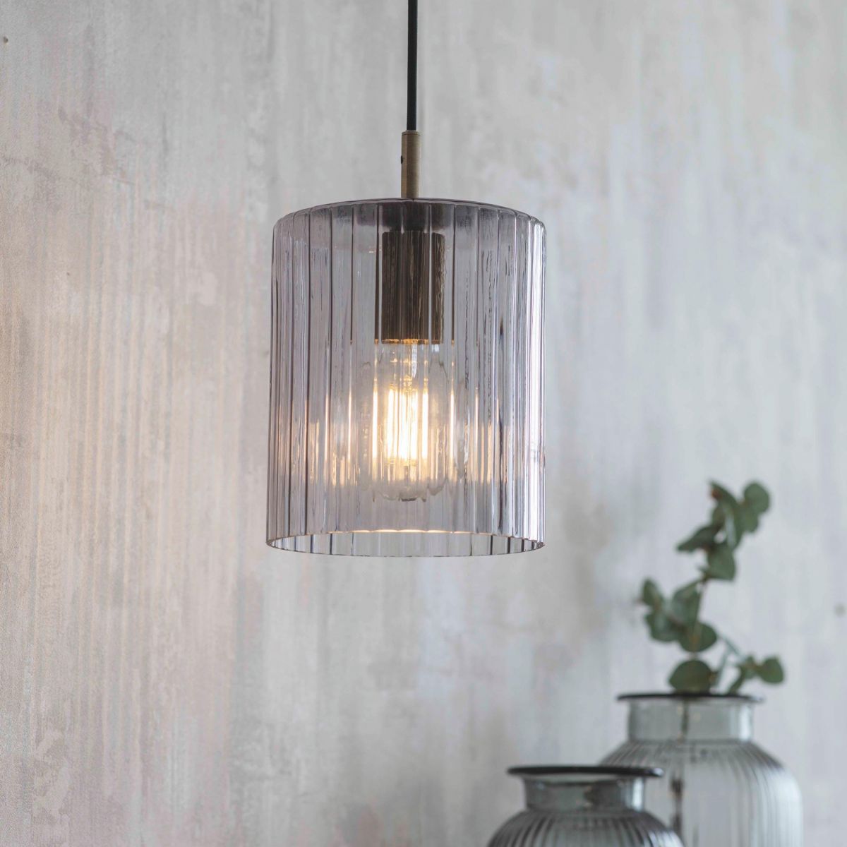 Antique Brass Ridged Glass Hanging Light in Situ in the Home
