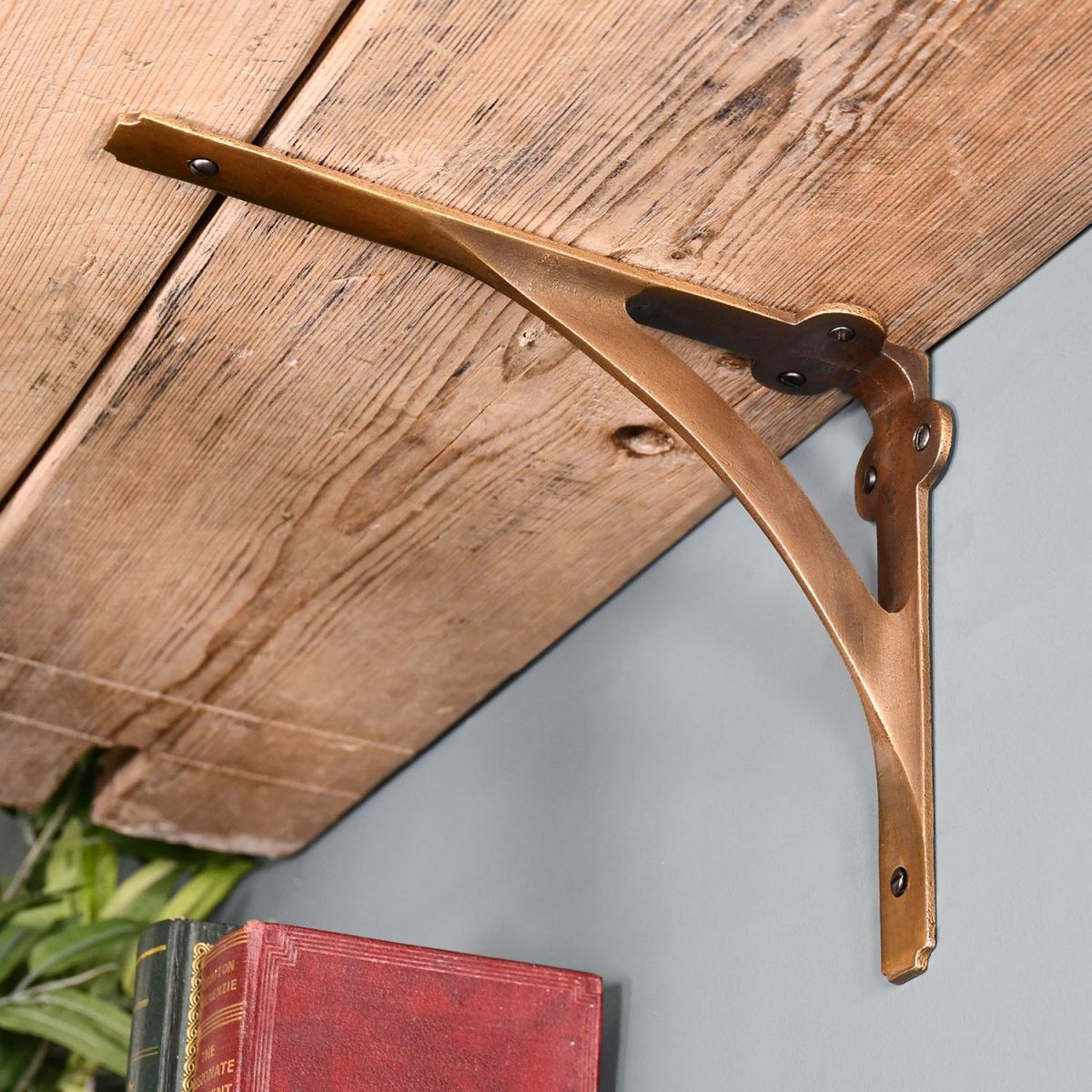 Antique Brass Stylish Architectural Shelf Bracket Holding a Wooden Shelf