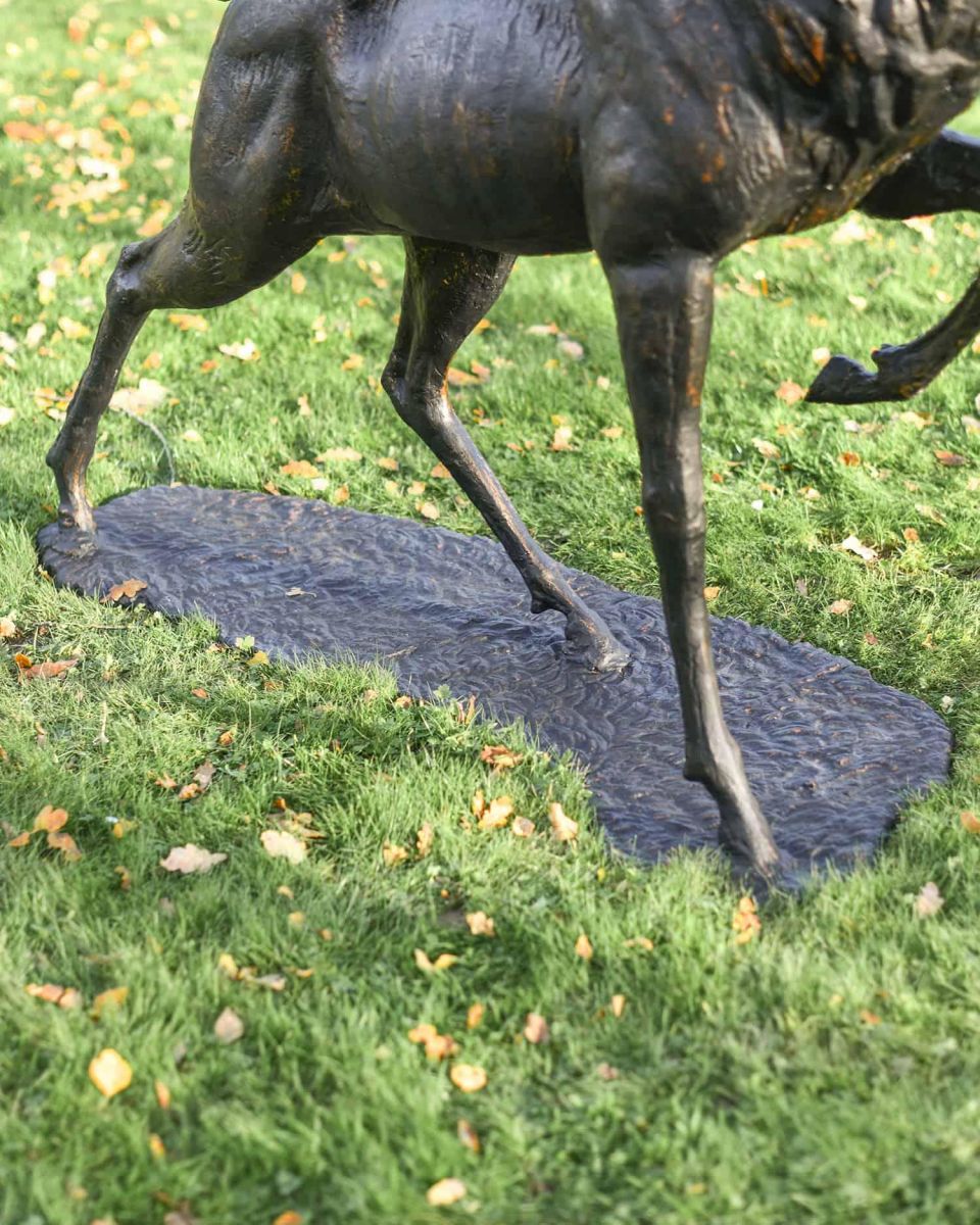 Close-Up of Freestanding Base for Antique Bronze "Regiment" Roaring Stag Garden Sculpture on Stand Close-Up of Freestanding Base for Antique Bronze "Regiment" Roaring Stag Garden Sculpture on Stand