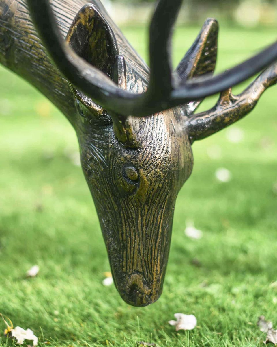 Close-Up of Detailed Antique Bronze "Roe" Grazing Buck Sculpture 