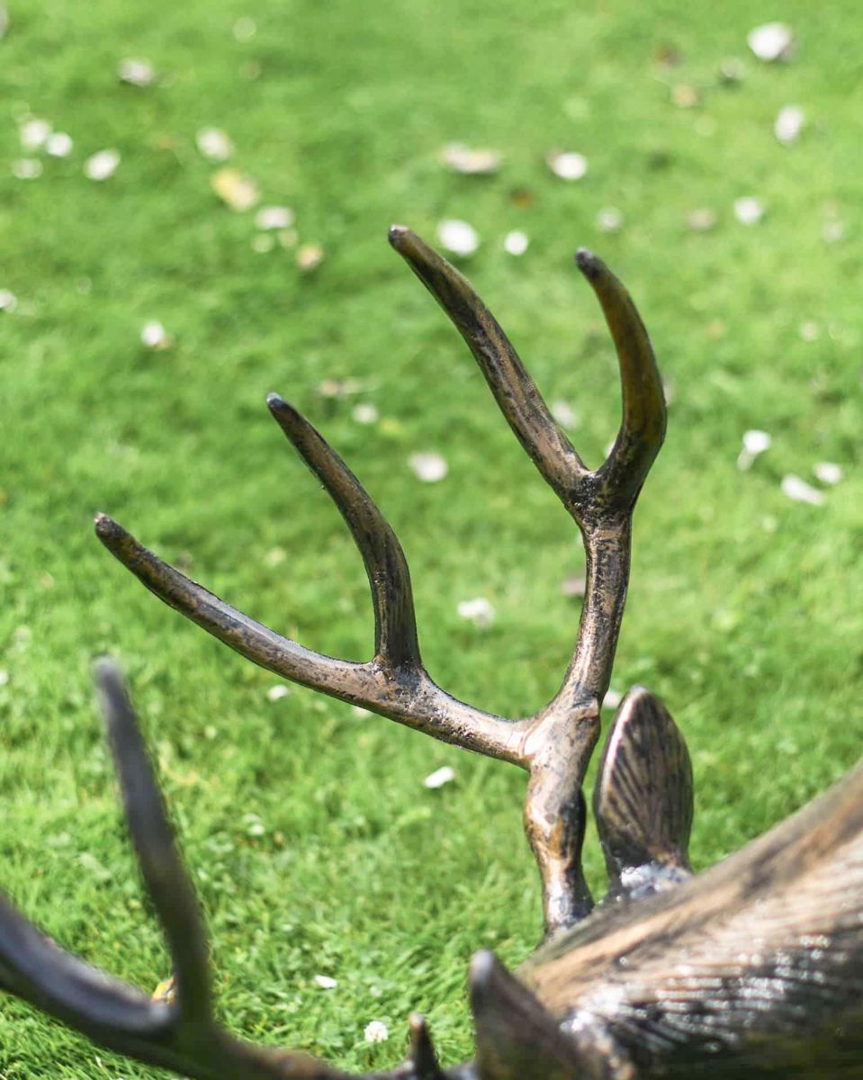 Close-Up of Antlers on Antique Bronze "Roe" Grazing Buck Sculpture 