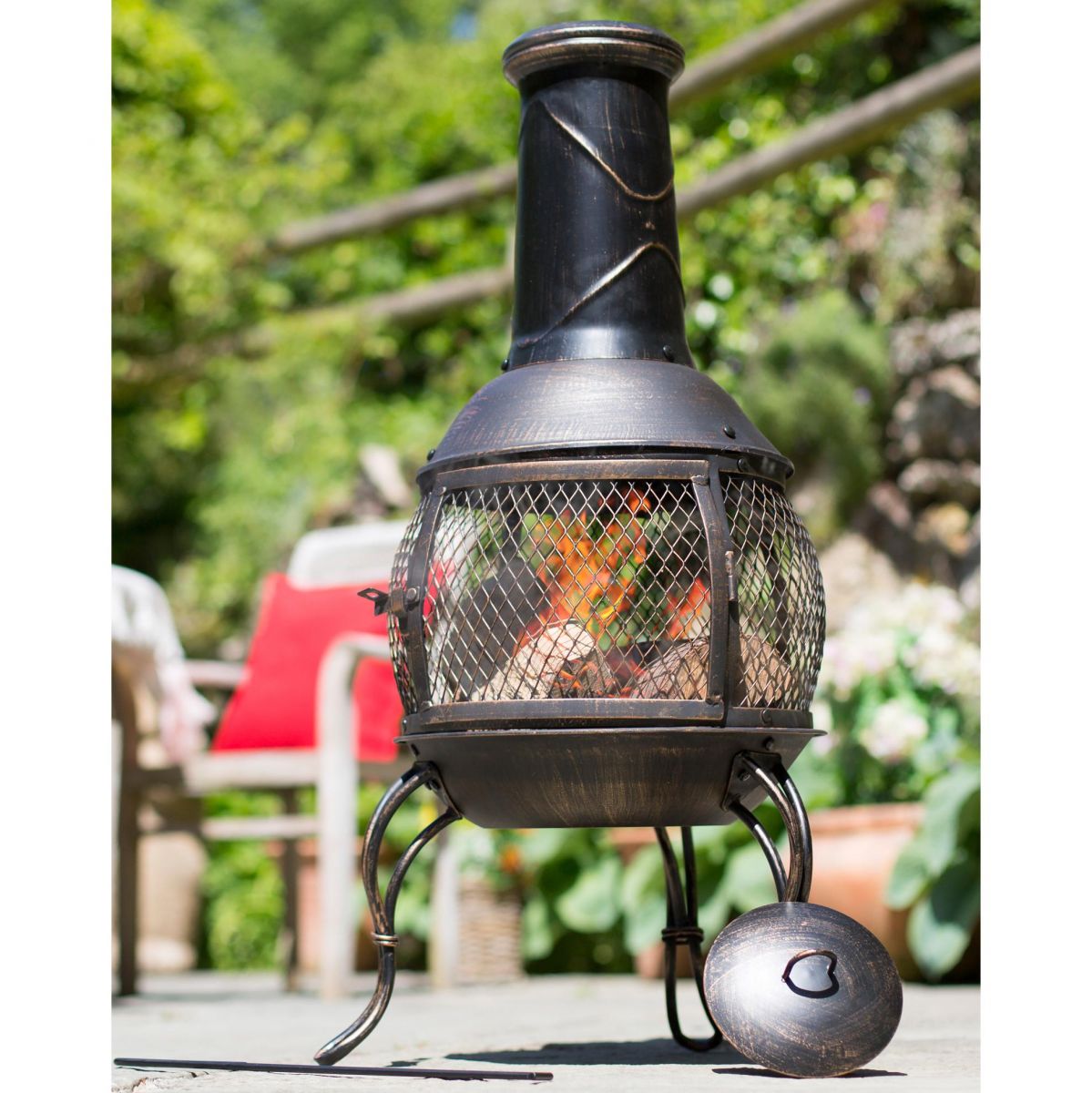 Traditional Antique Bronze Finish Chimenea Outside in the Garden
