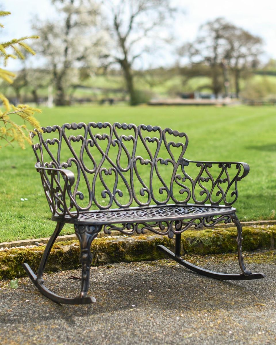 Antique Bronze Hawthorn Heart Rocking Bench in Situ