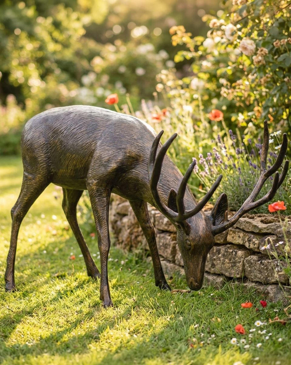 Antique Bronze "Roe" Life Size Grazing Buck Sculpture digital illustration