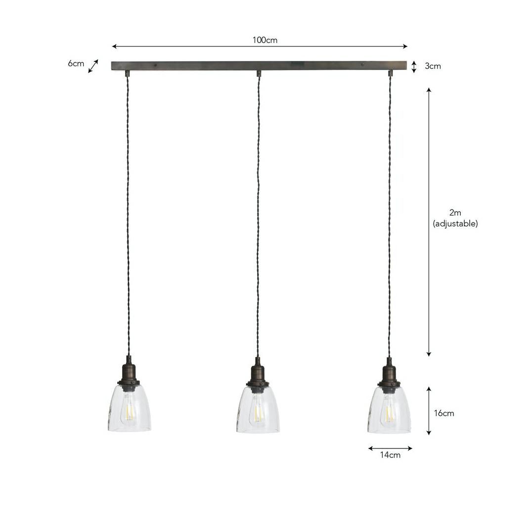 Antique Bronze Steel Trio Domed Cone Hanging Lights Dimensions