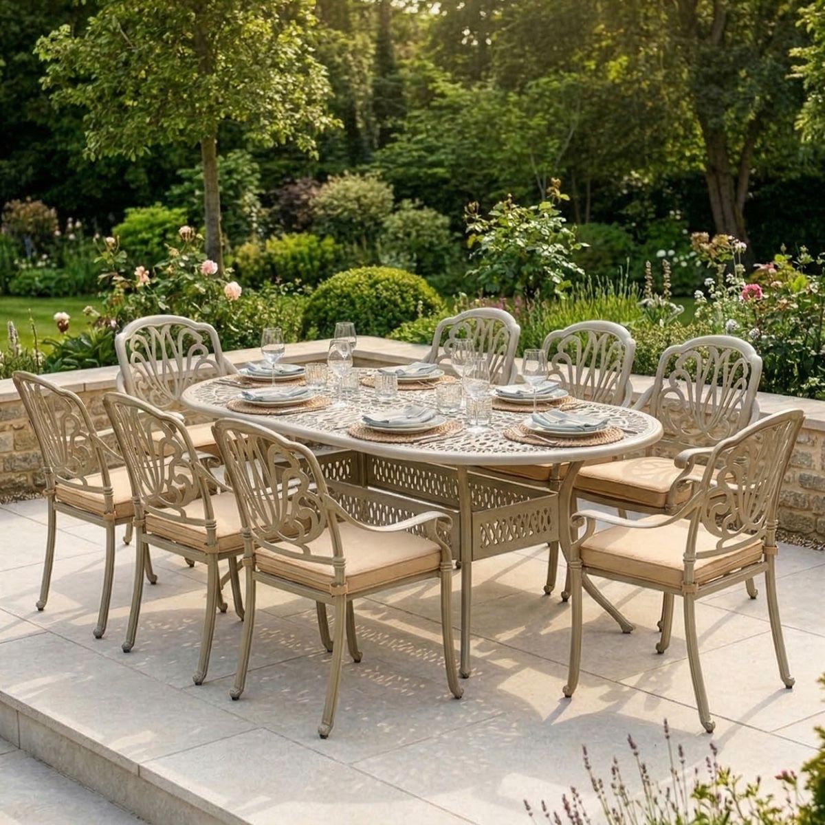 Antique Champagne "Marianne" Eight Seater Garden Table & Chair Set digital illustration dressed table