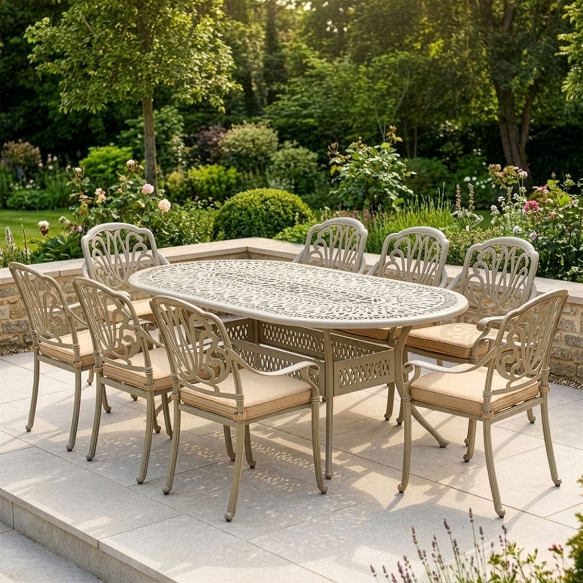 Antique Champagne "Marianne" Eight Seater Garden Table & Chair Set digital illustration in a lush garden