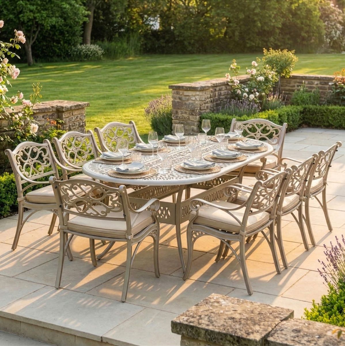 Antique Champagne "Moreville" Eight Seater Garden Table & Chair Set digital illustration dressed table