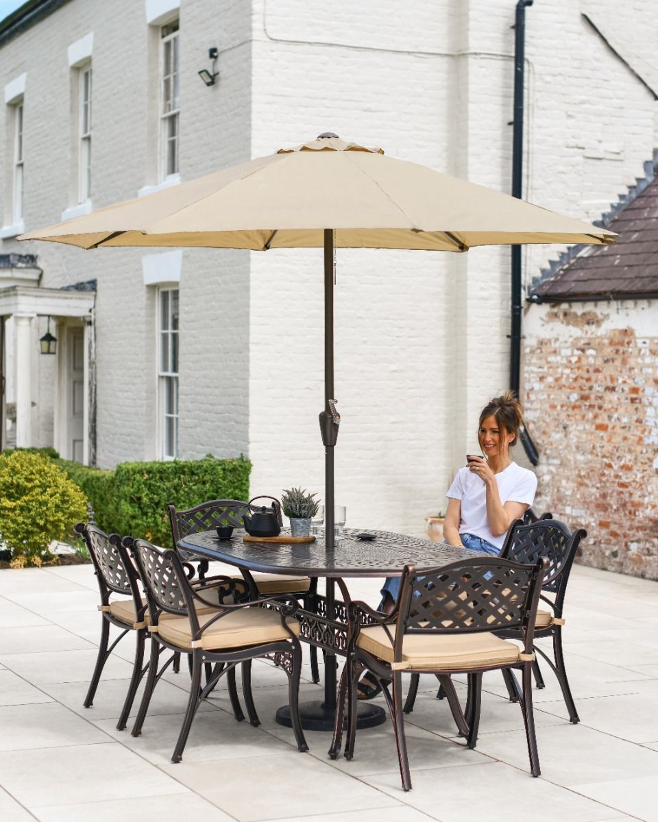 Six Seater Garden Table and Chairs with Parasol in Situ