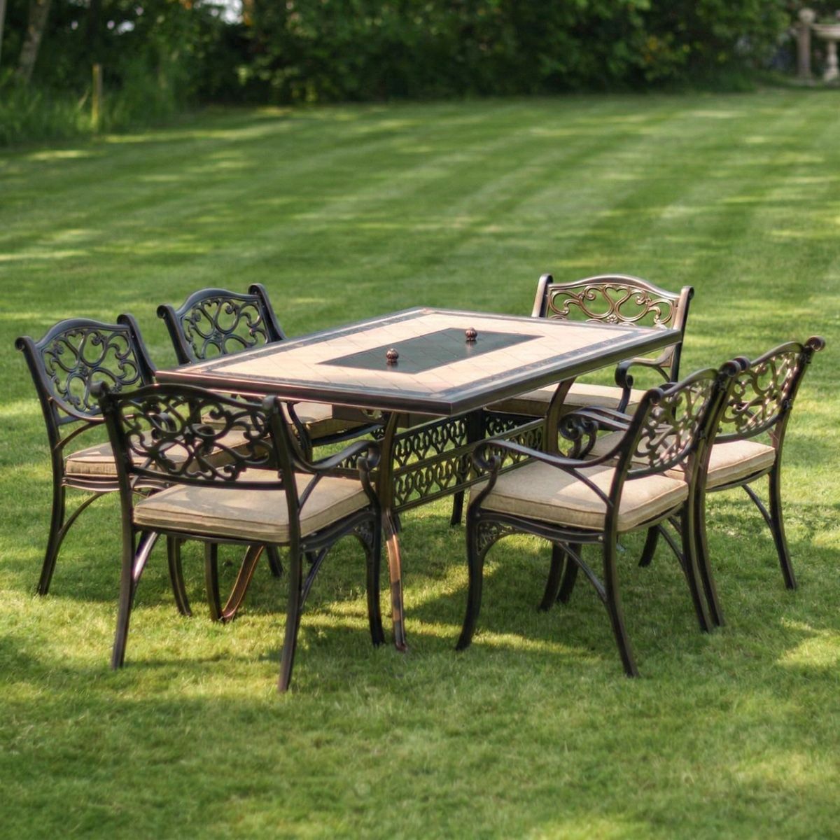 Antique Copper "Radford" Six Seater Table & Chair Set with BBQ Grill with cushions