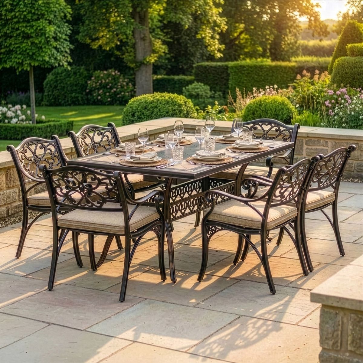 Antique Copper "Radford" Six Seater Table & Chair Set with BBQ Grill with cushions and dressed table digital illustration