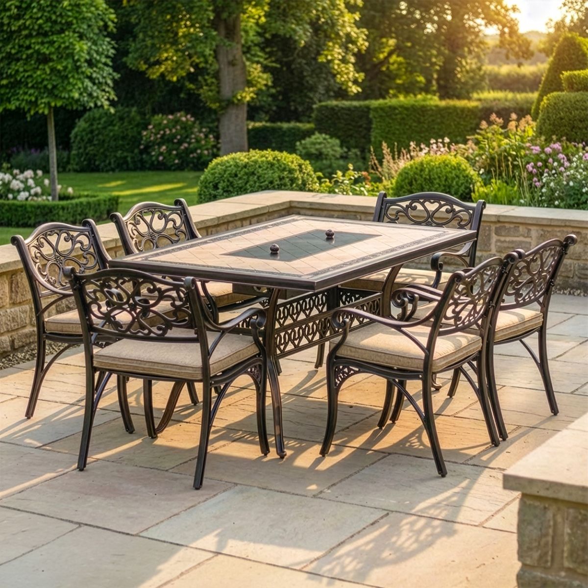 Antique Copper "Radford" Six Seater Table & Chair Set with BBQ Grill with cushions digital illustration