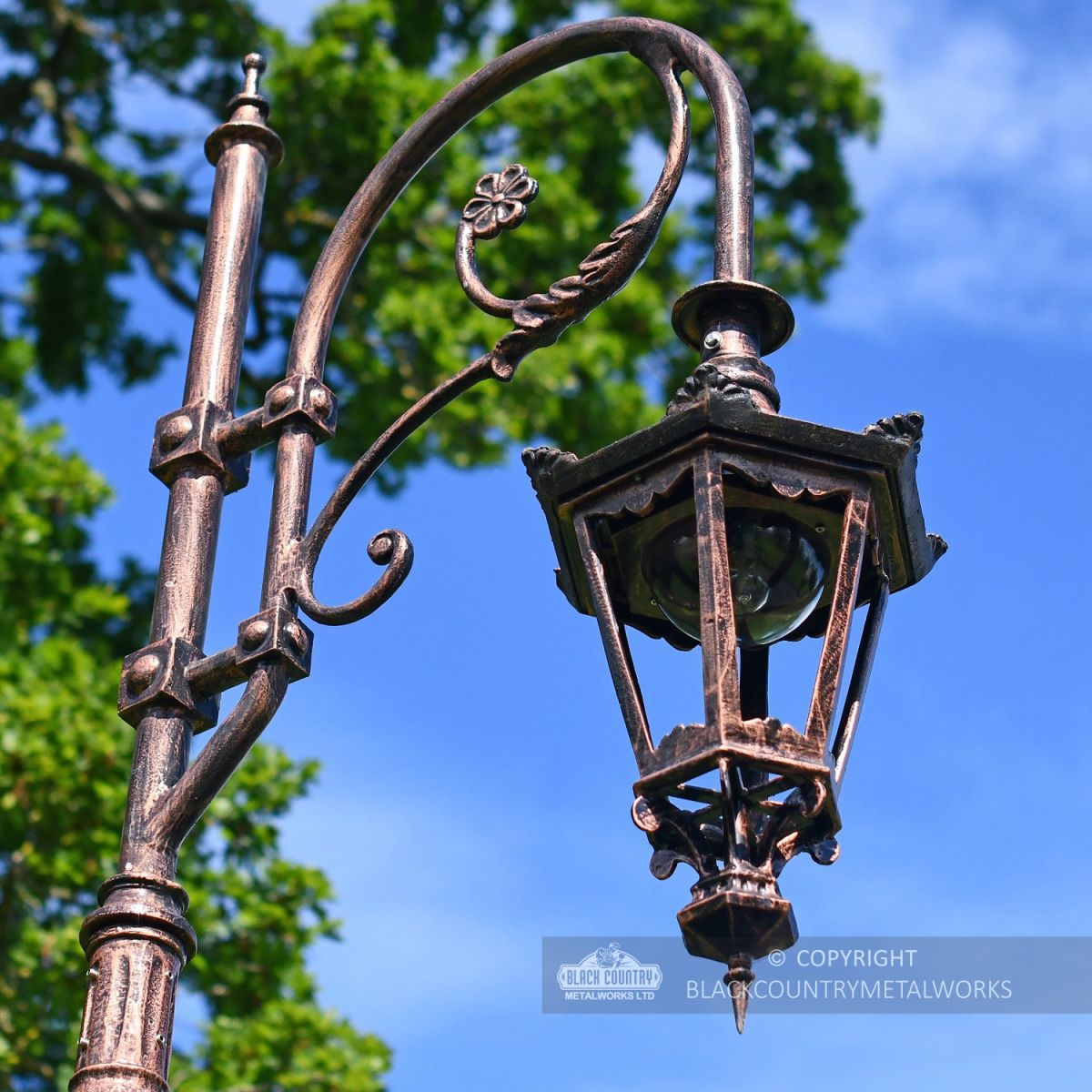 Antique Copper Finish Swan Neck Luminaire On Lamp Post Bracket