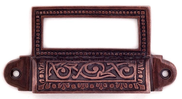 “Old Highstreet” Burnished copper hooded drawer pulls with label holder