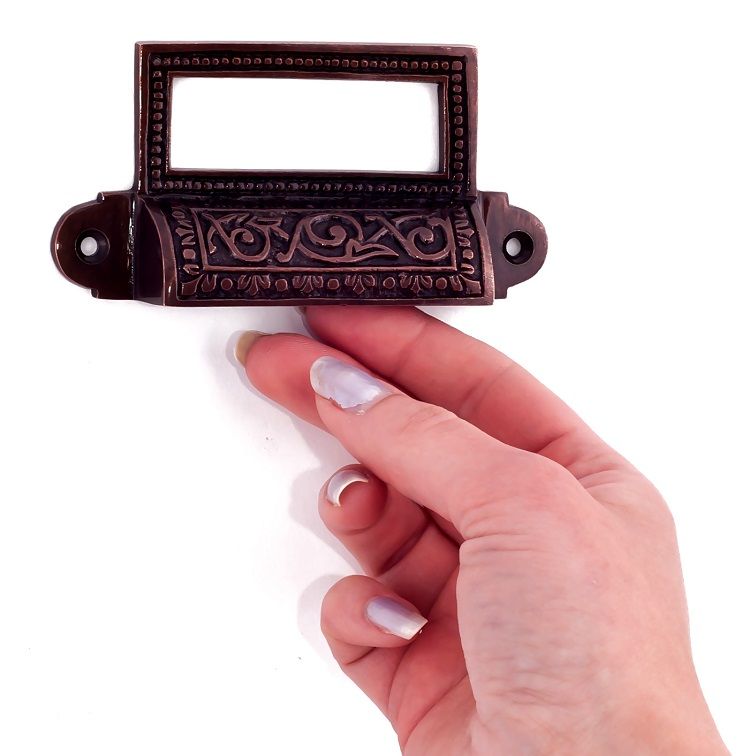 “Old Highstreet” Burnished copper hooded drawer pulls with label holder