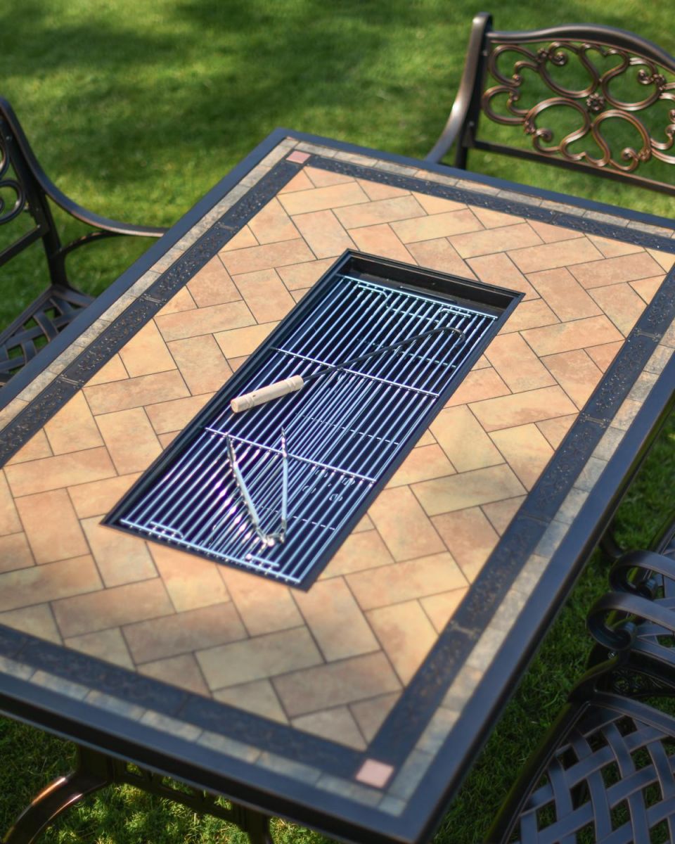 Close-Up of Open BBQ Grill on Six-Seater Table & Chair Set