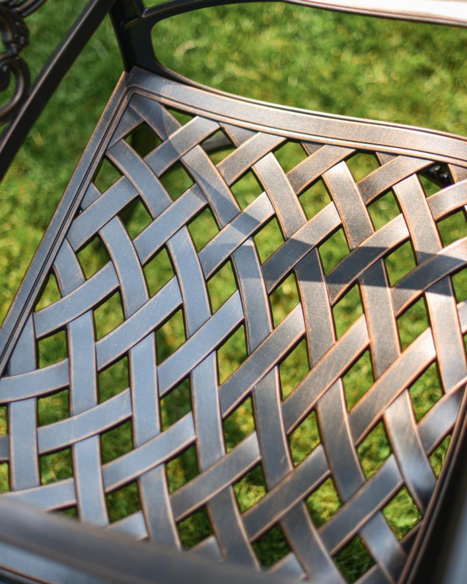 Close-Up of Seat Design on Chair for Antique Copper "Radford" Six Seater Table & Chair Set with BBQ Grill
