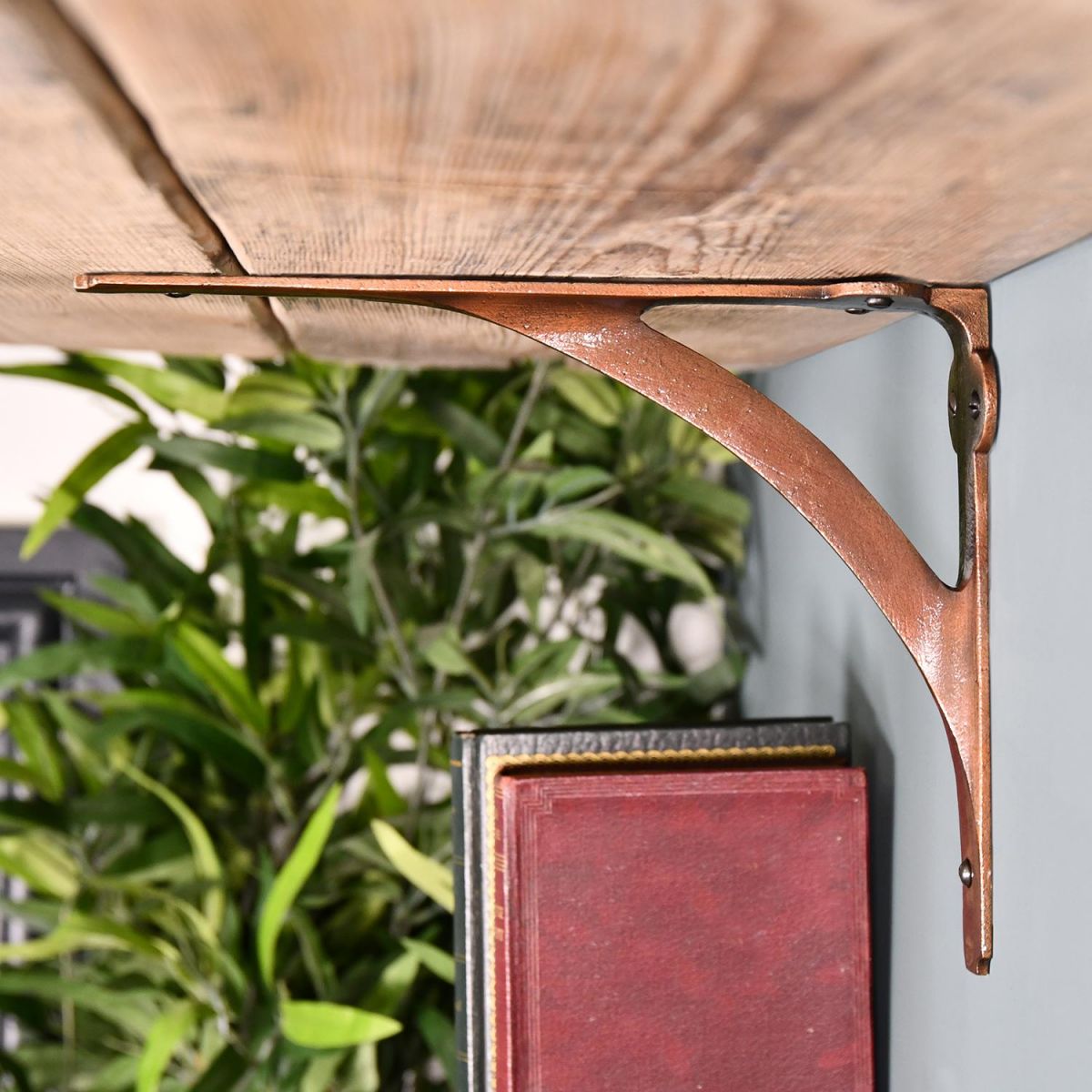 Side View of the Antique Copper Stylish Architectural Shelf Bracket Side View of the Antique Copper Stylish Architectural Shelf Bracket