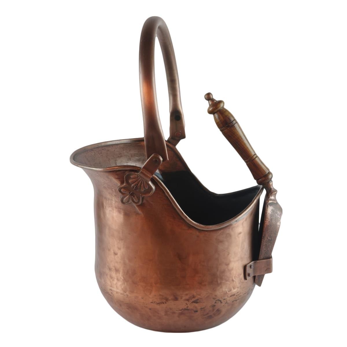 Side View of the Antique Copper Traditional Long Helmet Coal Bucket & Shovel