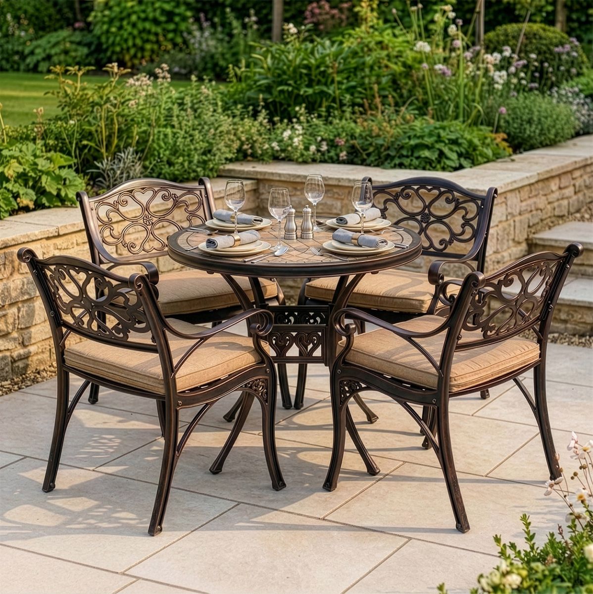 antique_copper_whalton_four_seater_furniture_set_1 with cushions and dressed table