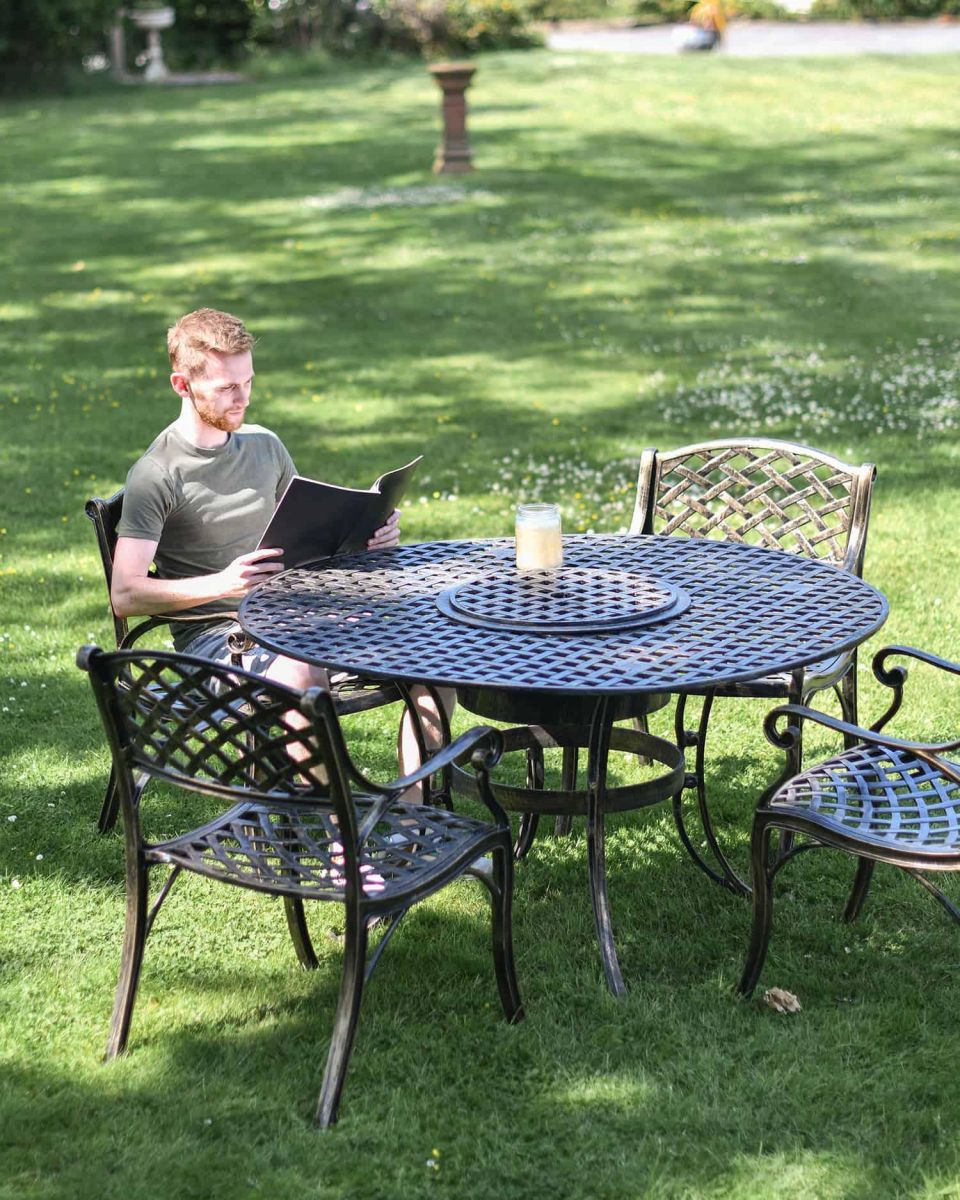 Scale Shot of Antique Gold "Frosted" Four Seater Table & Chair Set with Grill Scale Shot of Antique Gold "Frosted" Four Seater Table & Chair Set with Grill