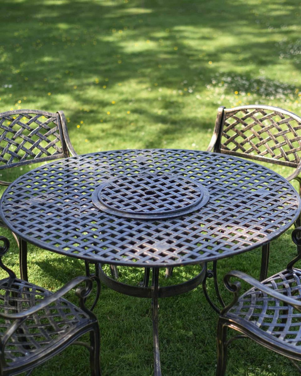 Close-Up of Antique Gold "Frosted" Four Seater Table & Chair Set with Grill Close-Up of Antique Gold "Frosted" Four Seater Table & Chair Set with Grill