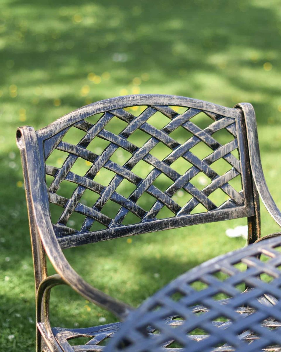 Close-Up of Chair for Antique Gold "Frosted" Four Seater Table & Chair Set with Grill Close-Up of Chair for Antique Gold "Frosted" Four Seater Table & Chair Set with Grill