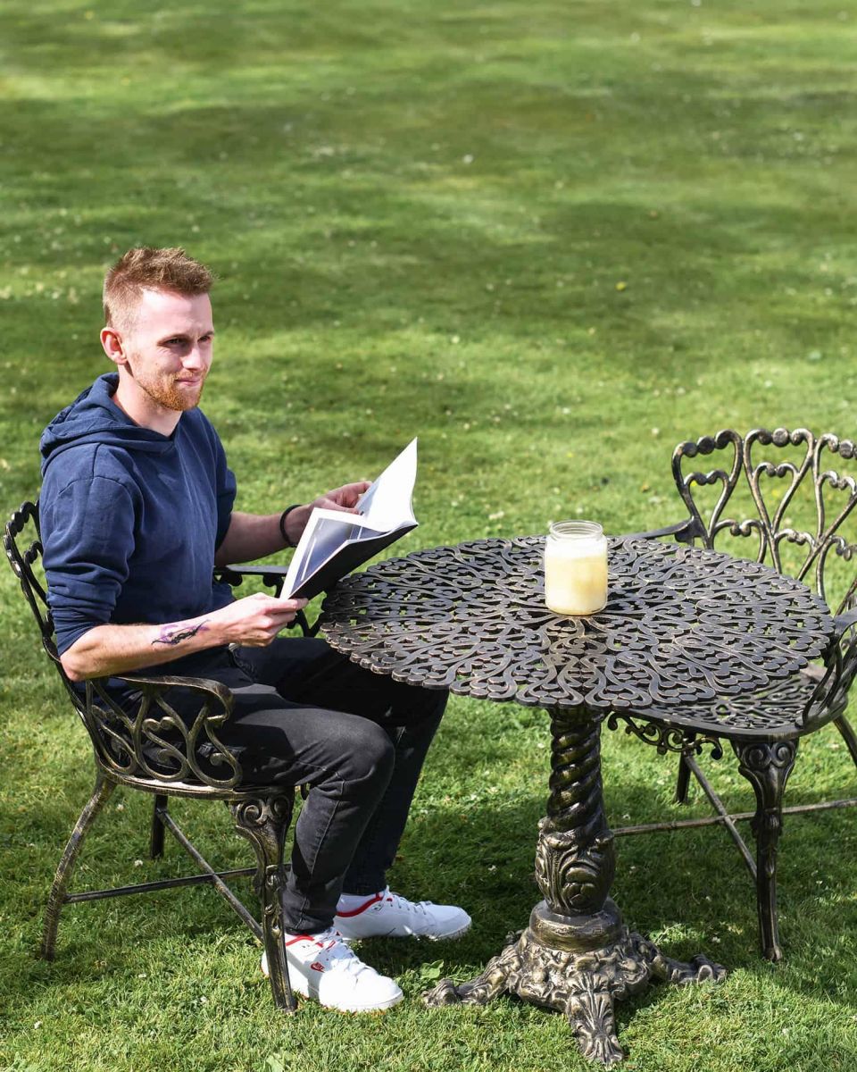 Scale Shot of Antique Gold "Royal Ascott" Two Seater Bistro Set Scale Shot of Antique Gold "Royal Ascott" Two Seater Bistro Set