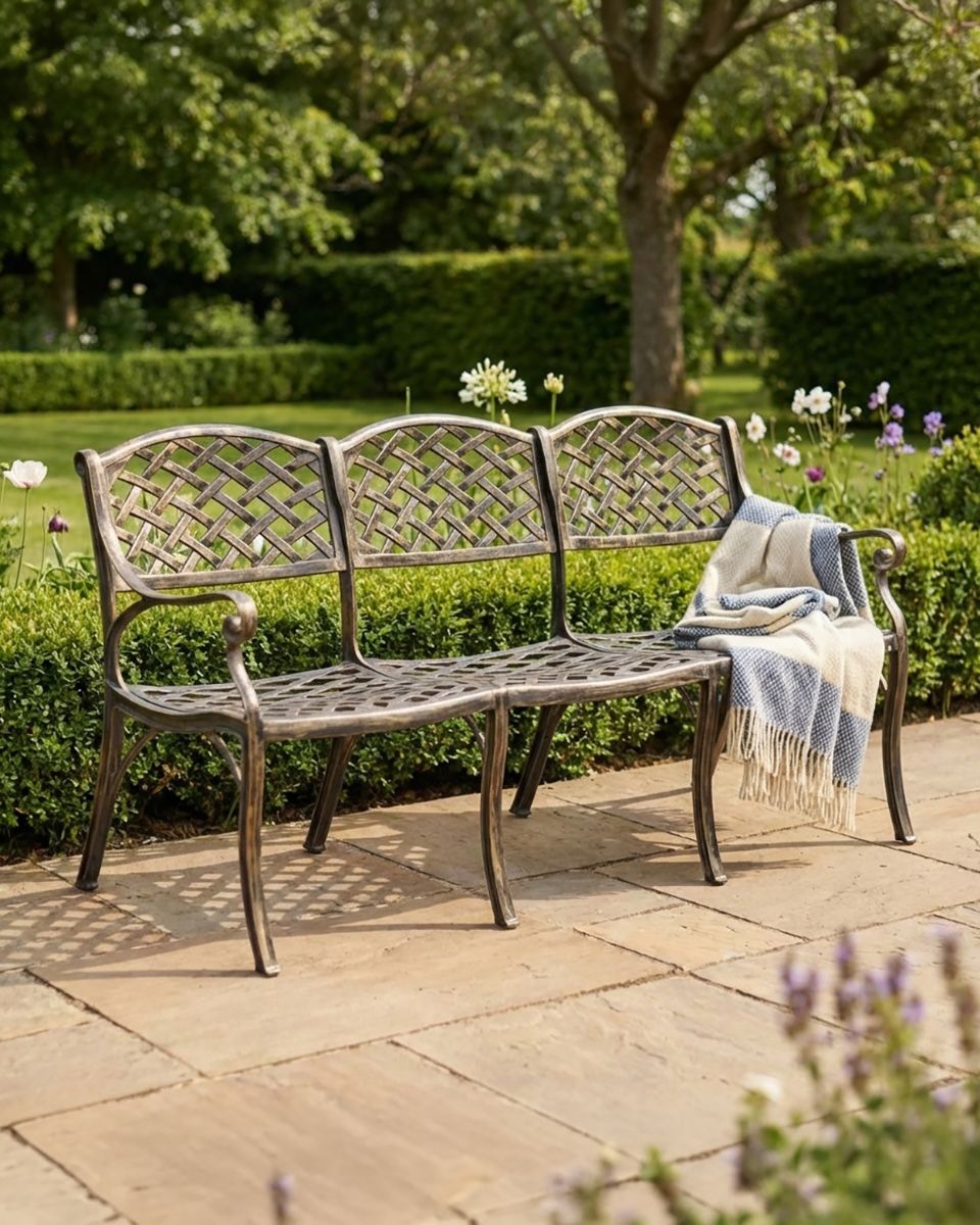 Antique Gold "Trilateral" Three Seater Garden Bench ai illustration