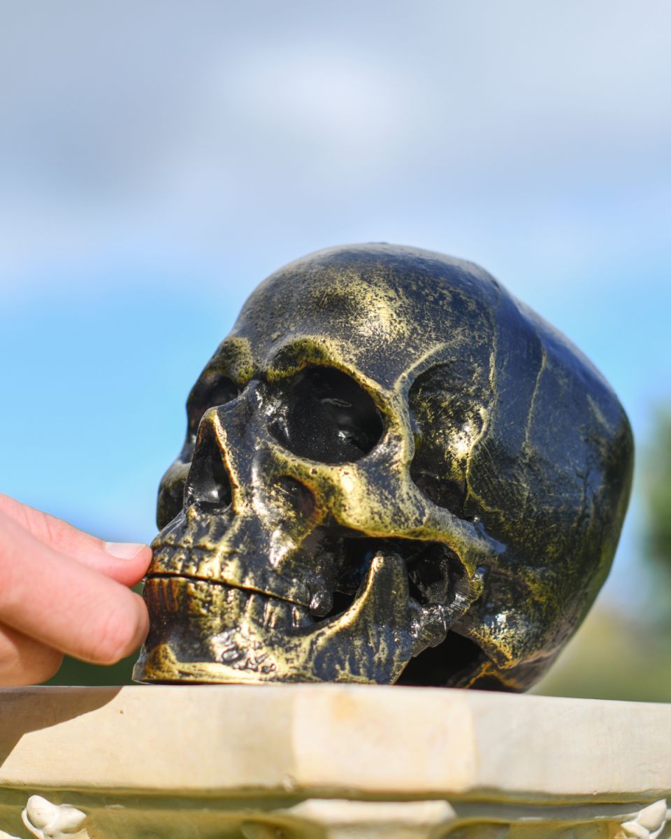 Antique gold and black skull ornament scale