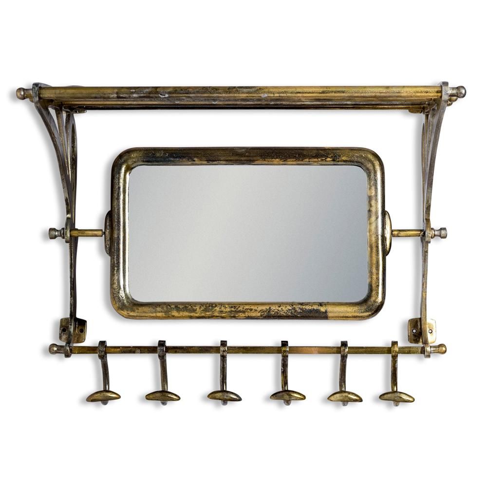 Luggage Wall Rack with Mirror in a Antique Gold Finish