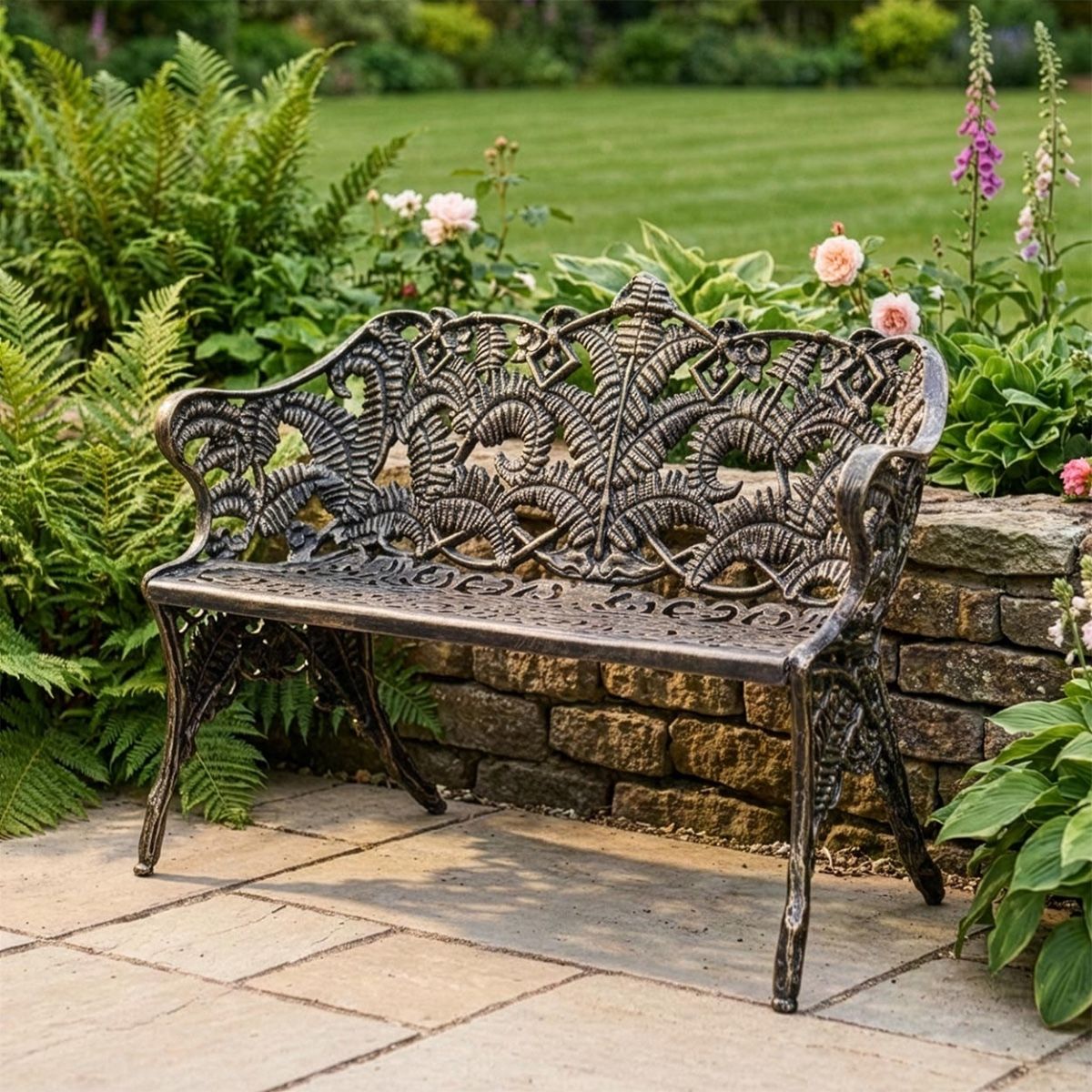 Antique Gold Palm Leaf Garden Bench Digital Illustration