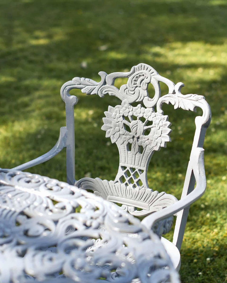 Close-Up of Chair Backrest for Antique Grey "Versailles" Four Seater Dining Set