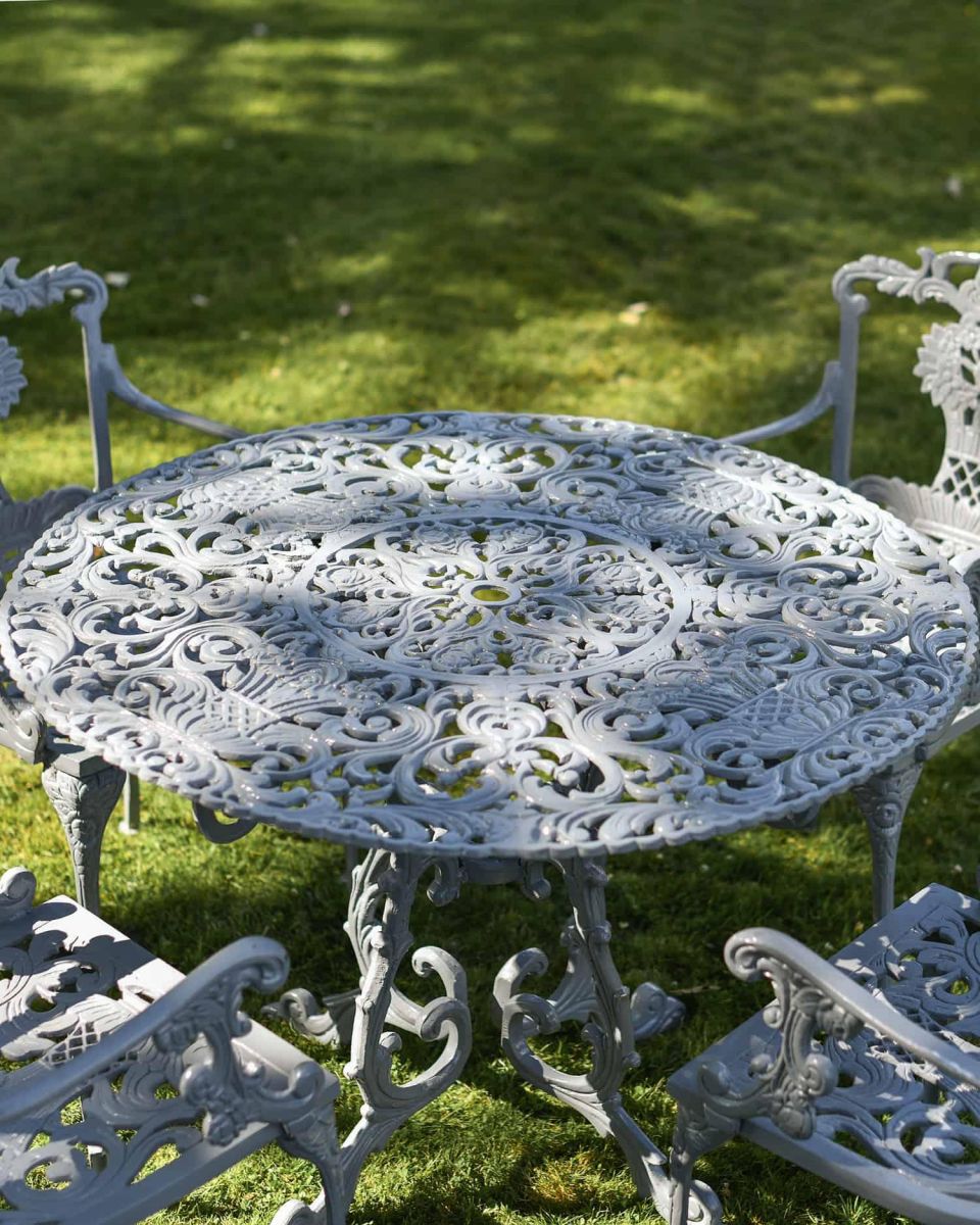 Close-Up of Antique Grey "Versailles" Four Seater Dining Set
