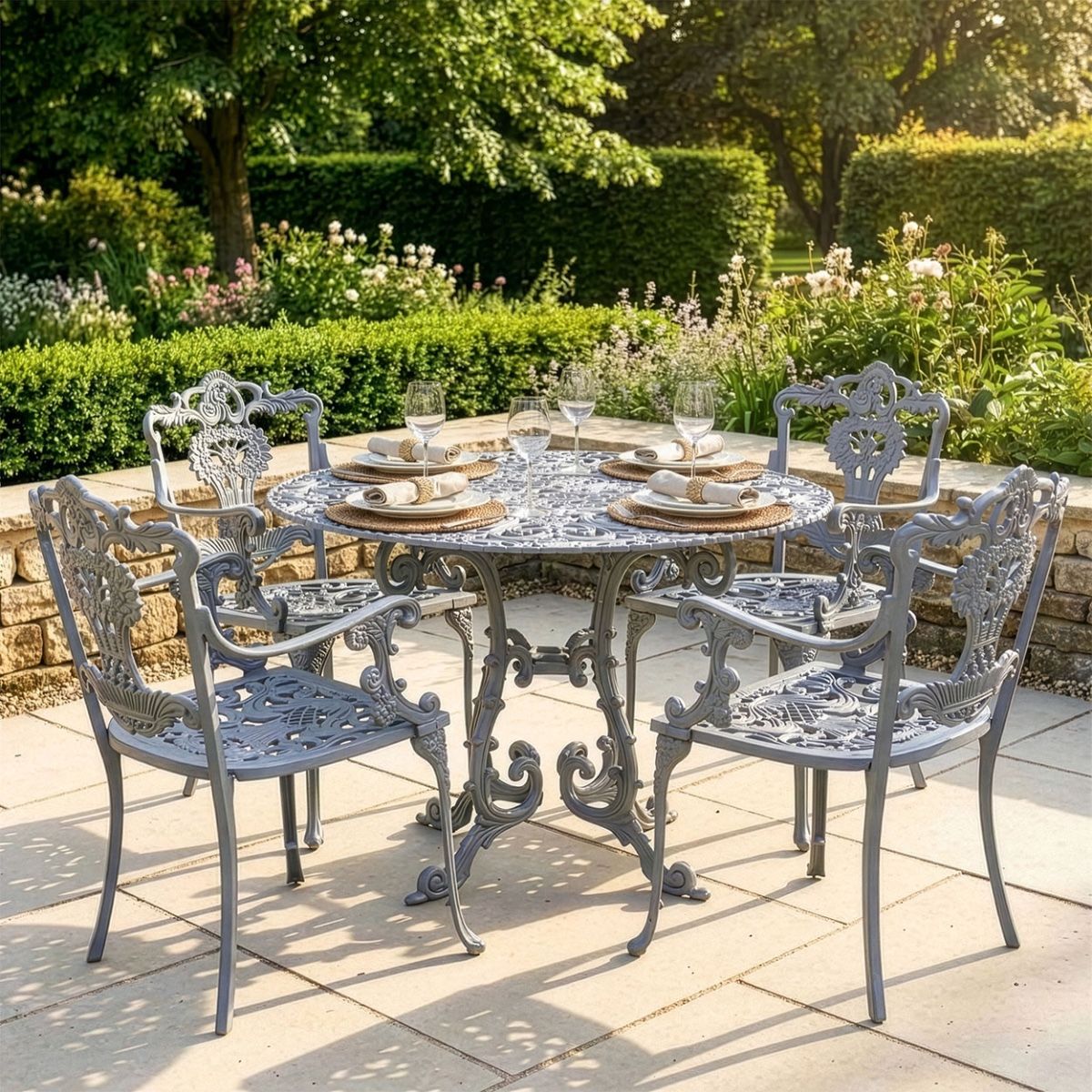 Antique Grey "Versailles" Four Seater Dining Set digital illustration dressed table