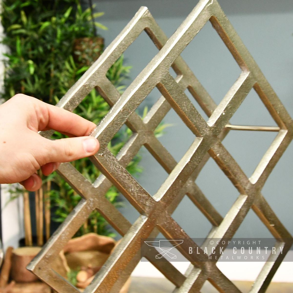 Antique Nickel 9 Bottle Wine Rack to Scale