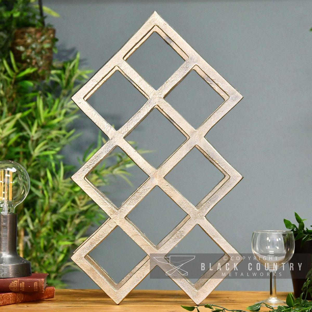 Front View of the Antique Nickel 9 Bottle Wine Rack