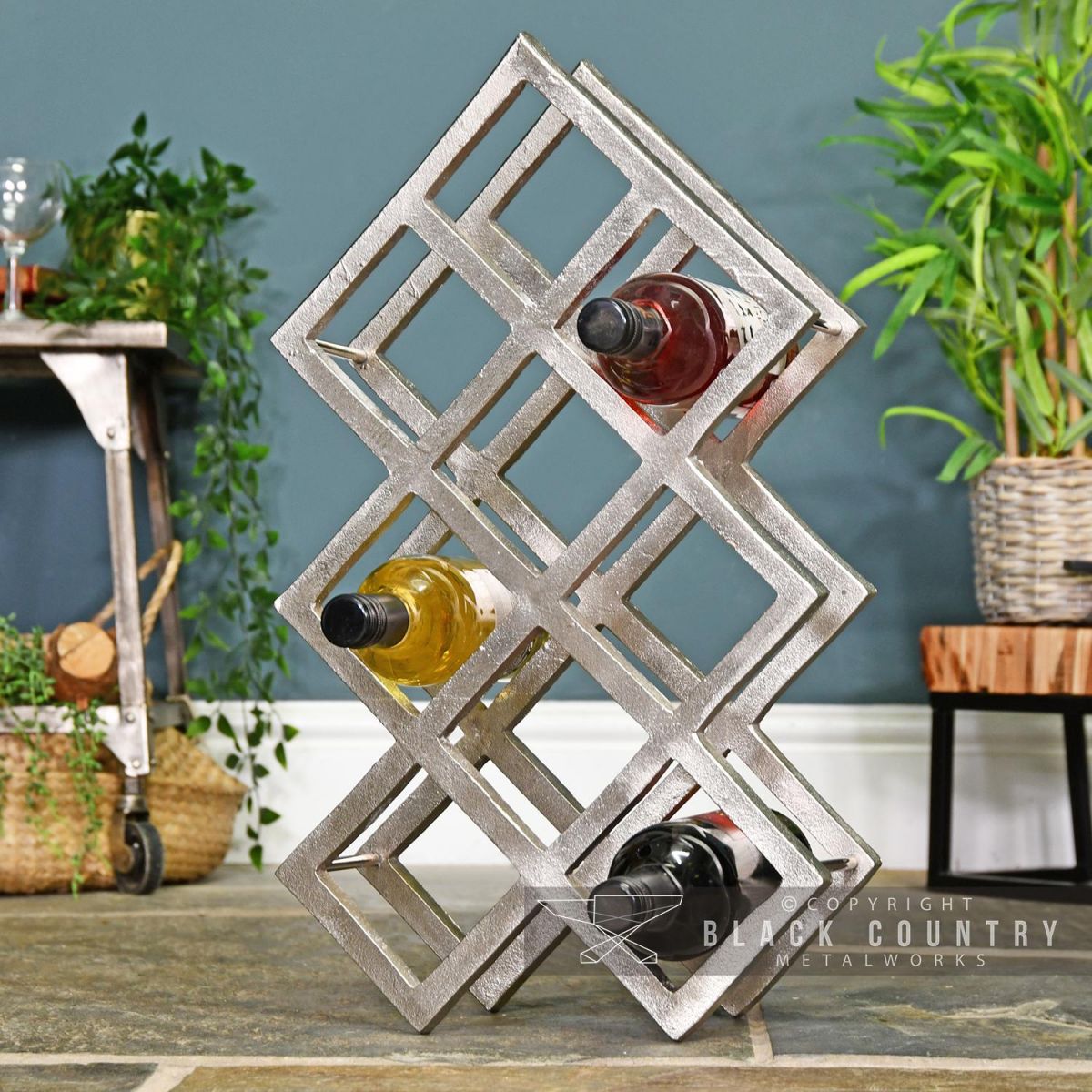 Antique Nickel 9 Bottle Wine Rack Holding Wine Bottles