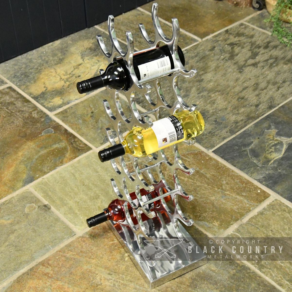 View of the Top of the Polished Aluminium Contemporary Floor Standing Wine Rack
