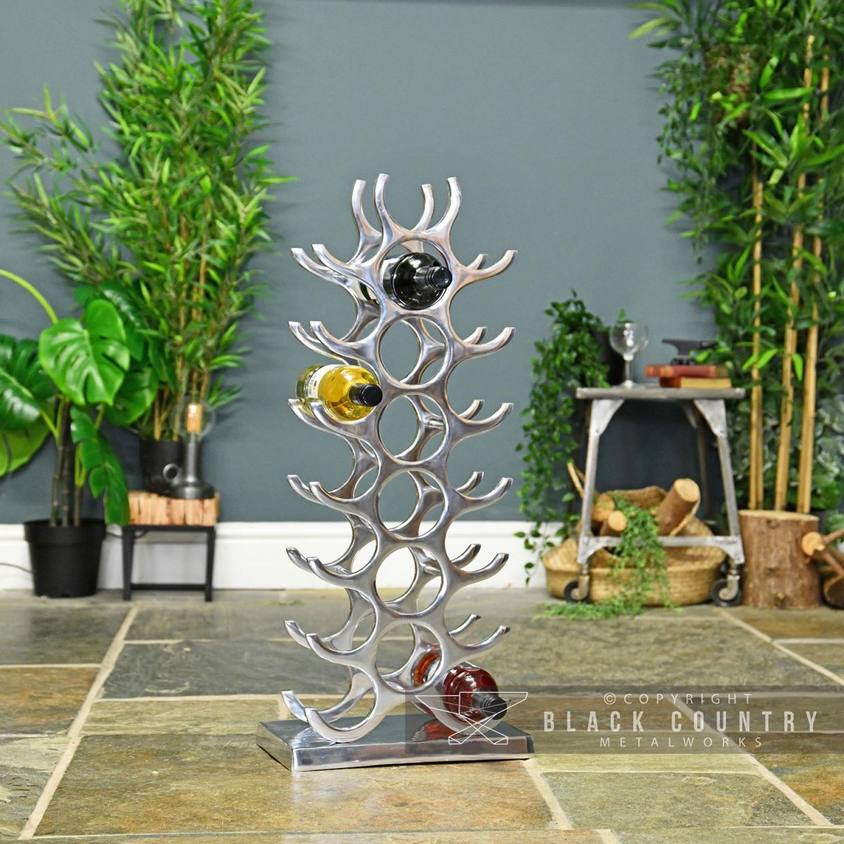 Polished Aluminium Contemporary Floor Standing Wine Rack in Situ