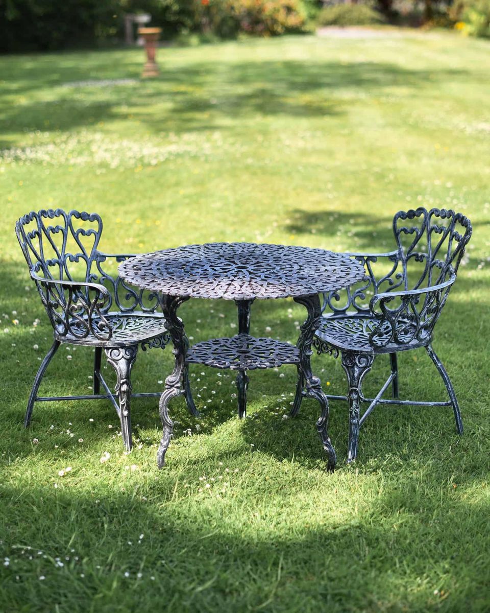 Antique Silver "Ascott" Two Seater Bistro Set in Situ in the Garden