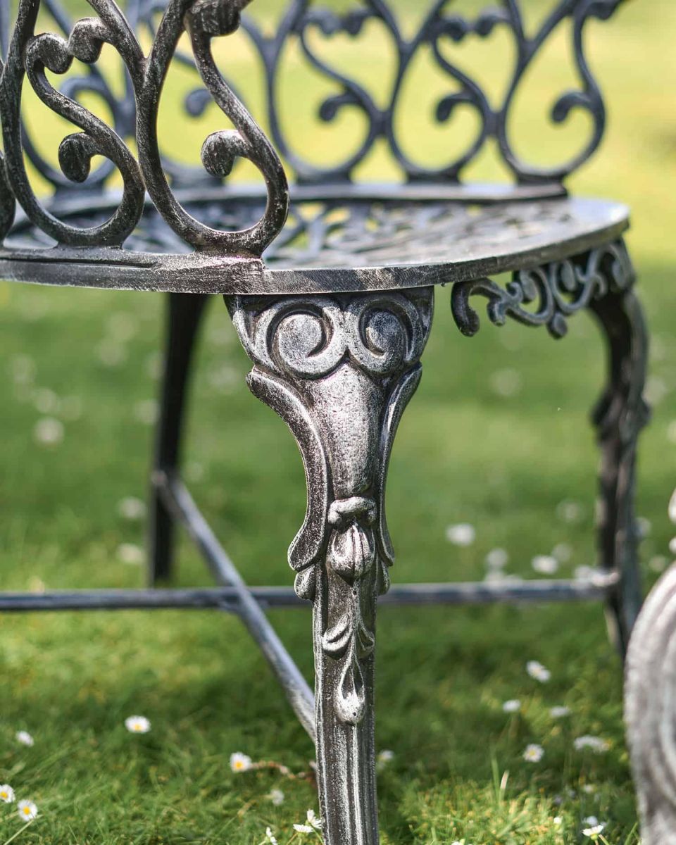 Close-Up of Chair for Antique Silver "Ascott" Two Seater Bistro Set
