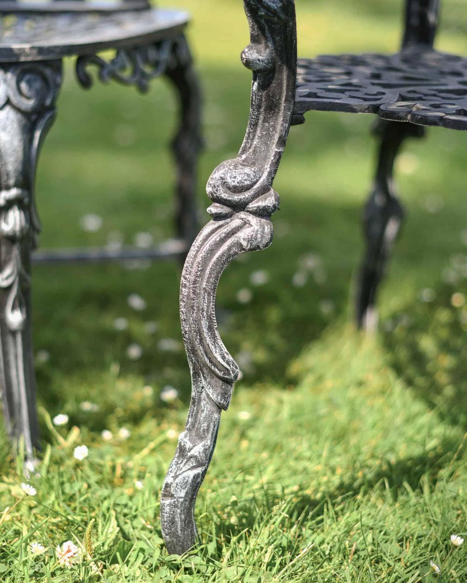 Close-Up of Leg Supports for Antique Silver "Ascott" Two Seater Bistro Set