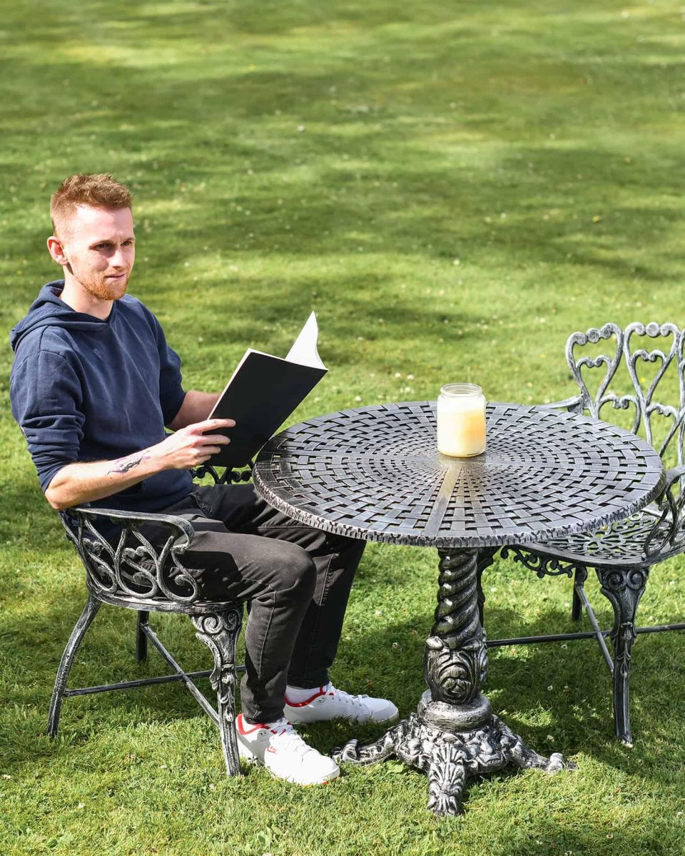 Scale Shot of Antique Silver "Royal Ascott" Two Seater Bistro Set