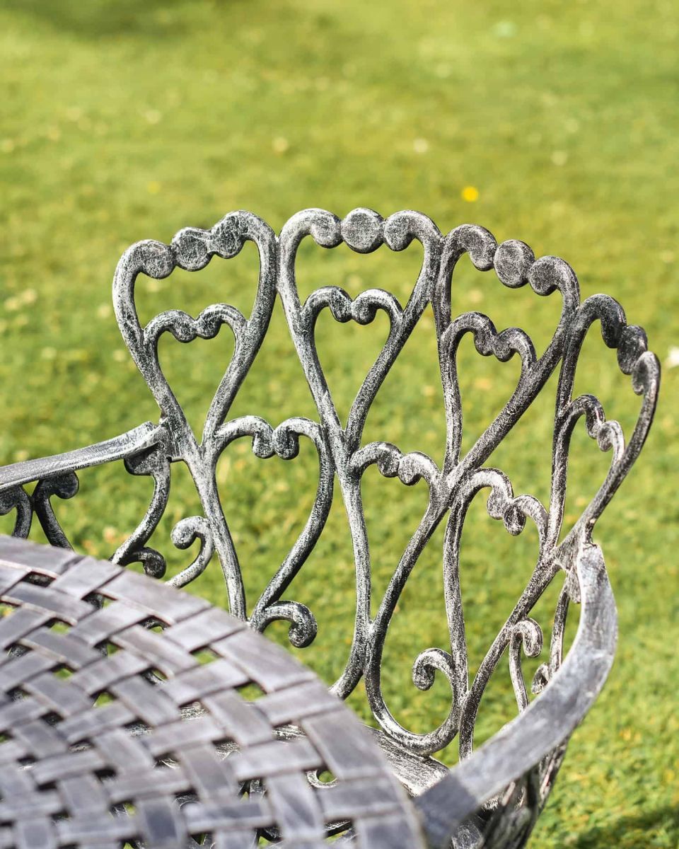 Close-Up of Chair Backrest for Antique Silver "Royal Ascott" Two Seater Bistro Set