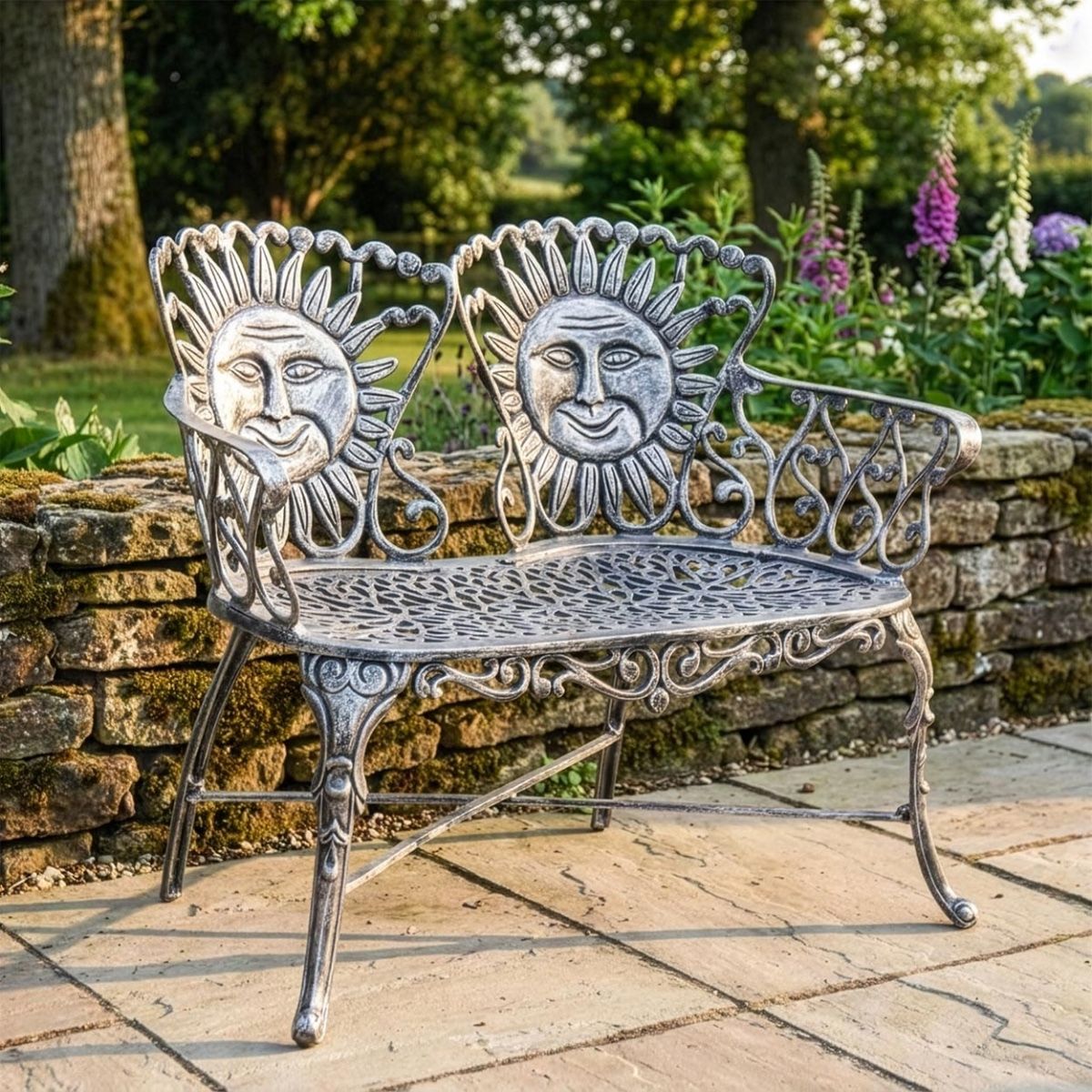 Antique Silver "Sunrise-to-Sunset" Two Seater Garden Bench Digital Illustration