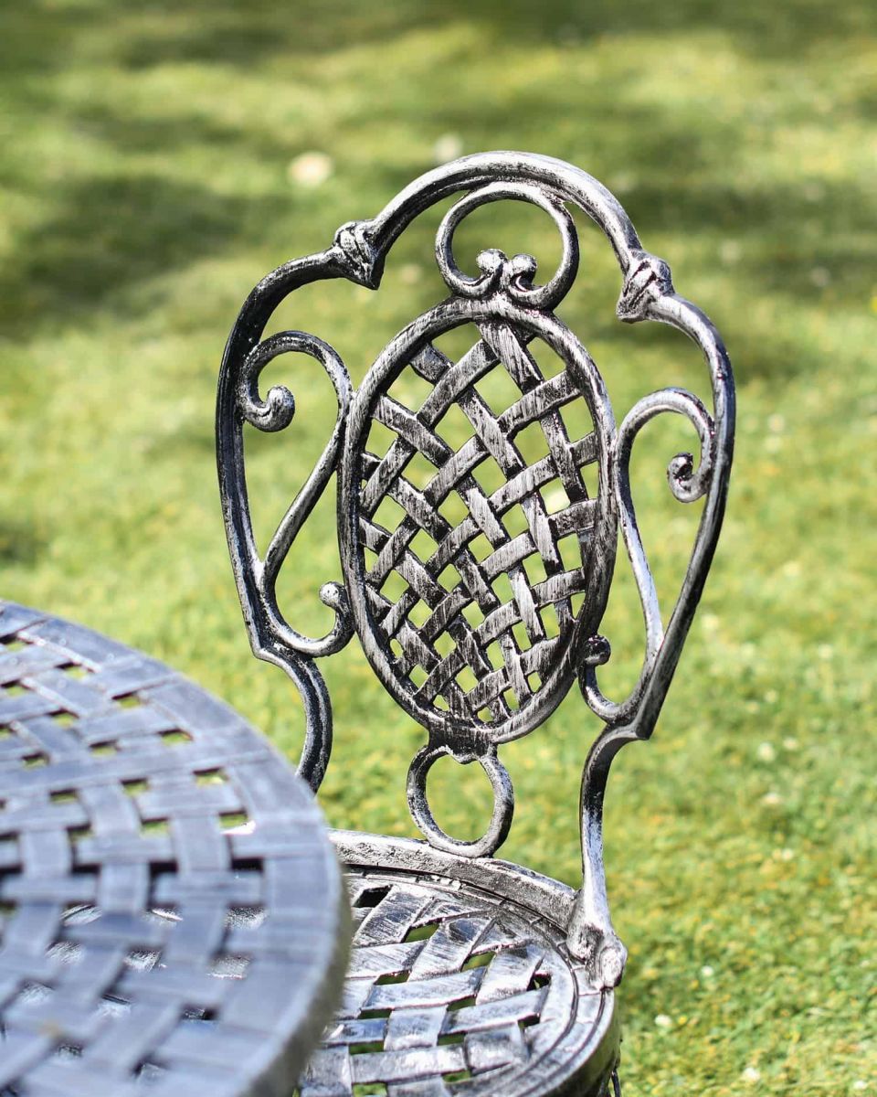 Close-Up of Backrest on Chair for Antique Silver "Valhalla" Two Seater Bistro Set