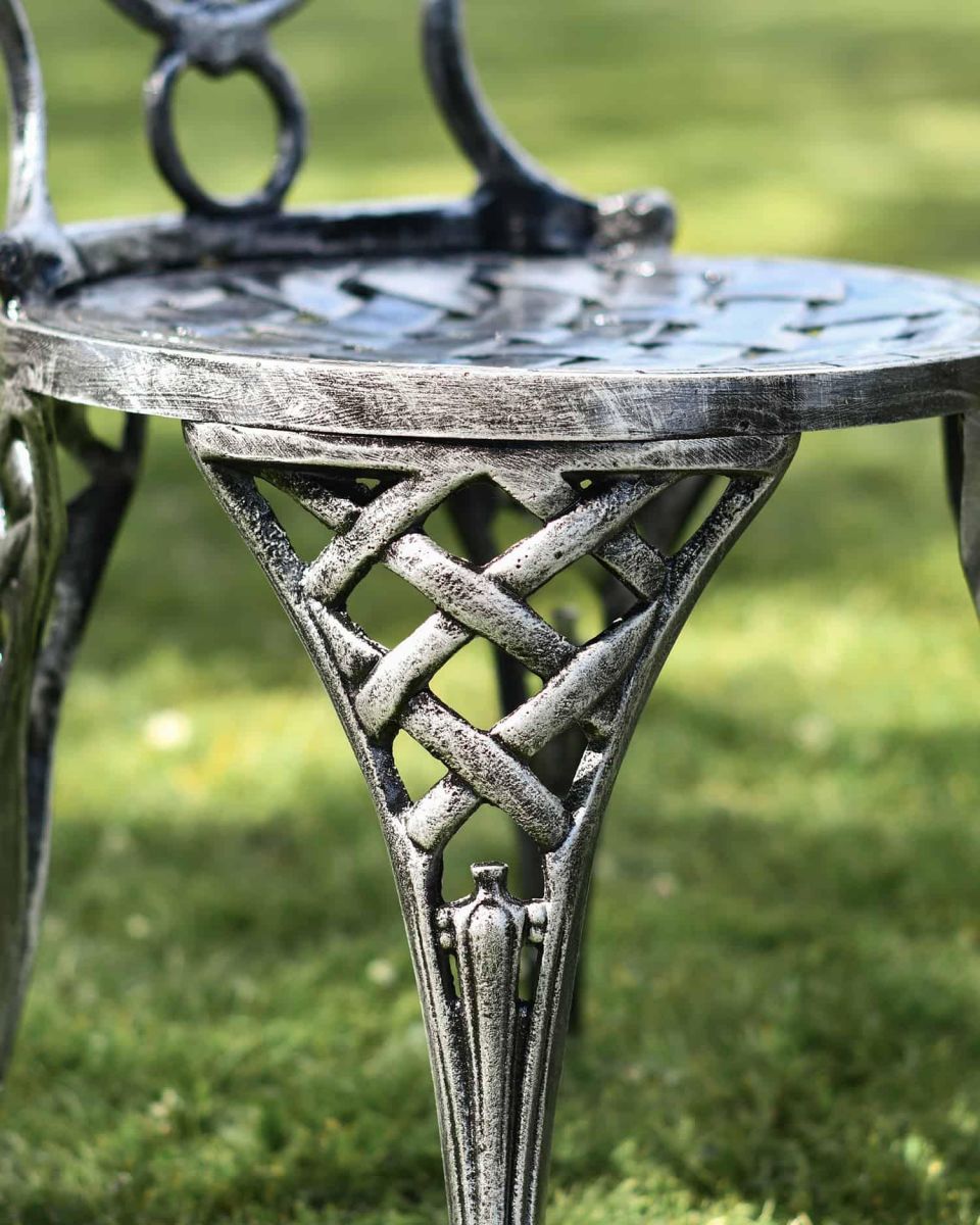 Close-up of Table Leg Design on Antique Silver "Valhalla" Two Seater Bistro Set